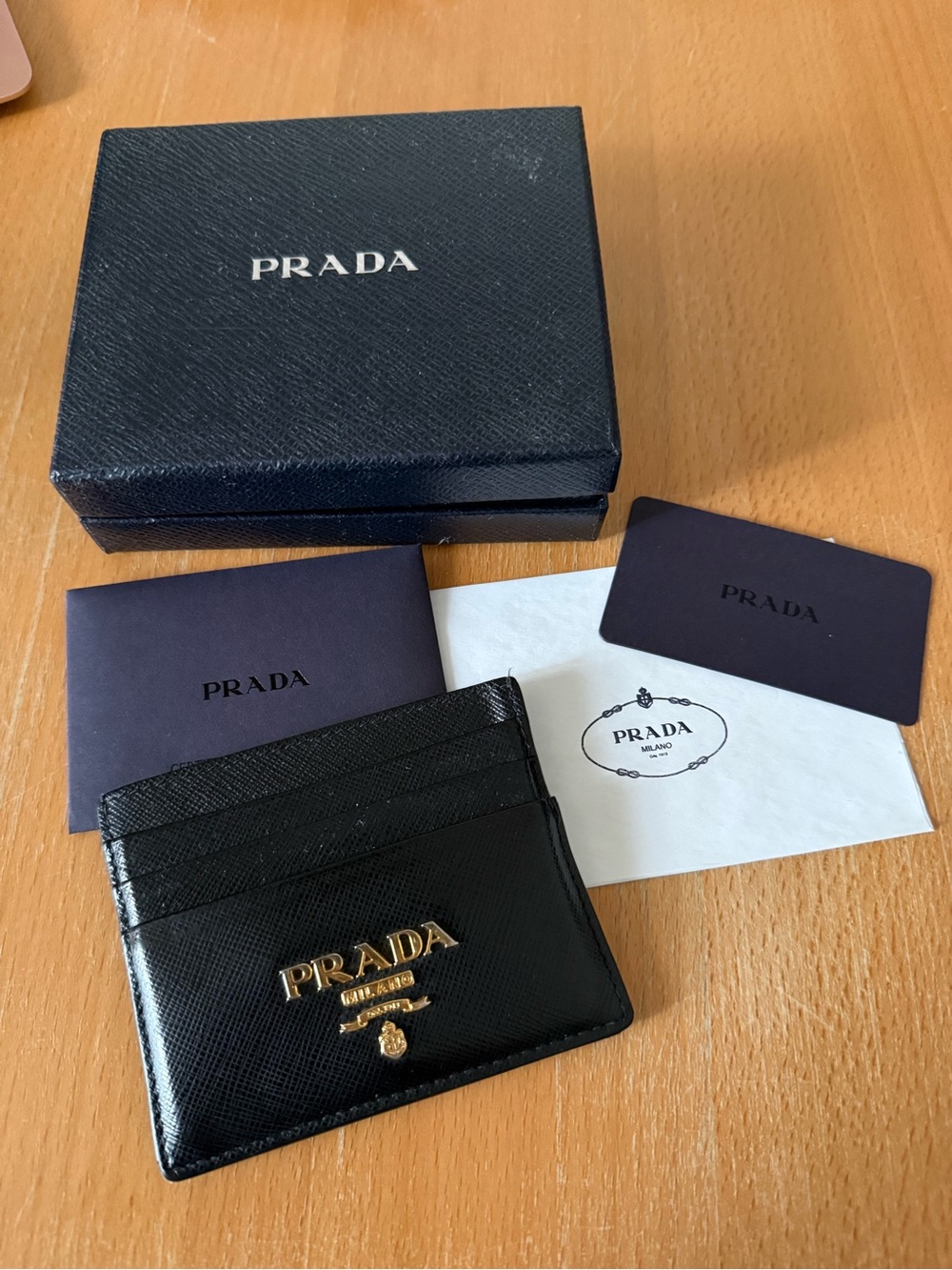 Prada Black Saffiano Card Sleeve with Gold Logo